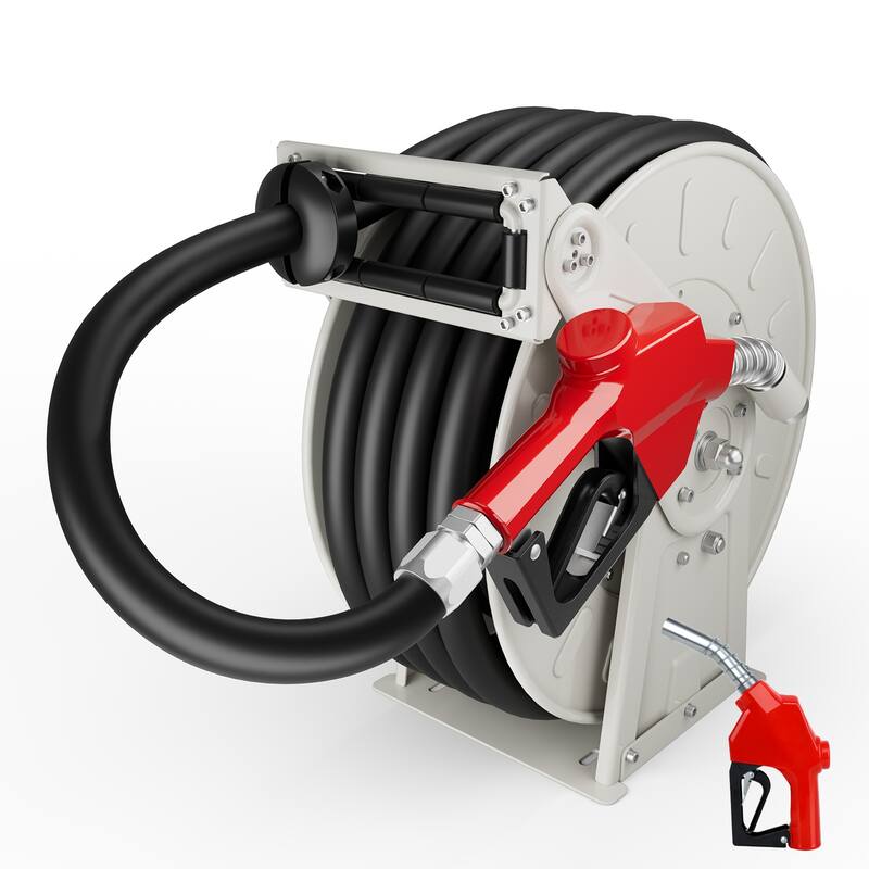 1" x 50ft Fuel Hose Reel Grey, 300PSI Diesel Fuel Transfer Hose Working with 12V Pump & Tank - Silver