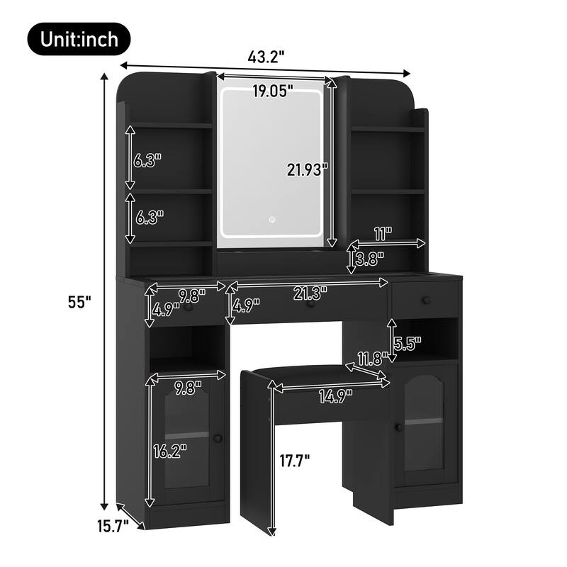 Roomfitters 43.2" Makeup Vanity Desk with LED Lighted Mirror, Glass Door Cabinets, Charging Station and Stool