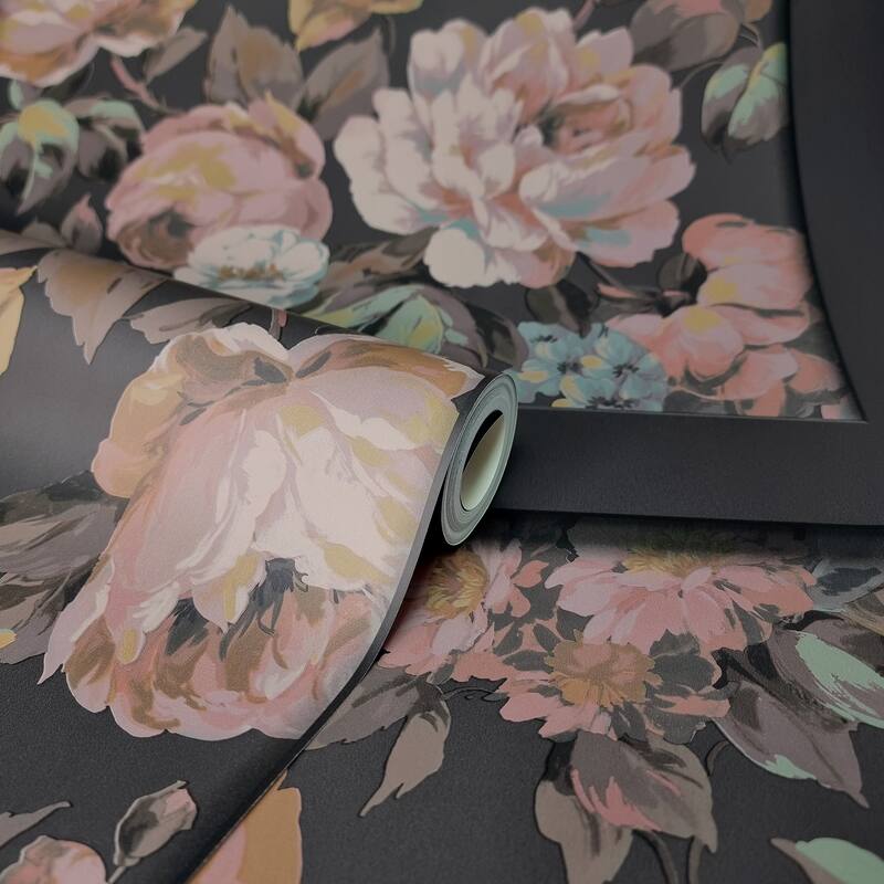 Fine Decor Arlene Black Floral Panel Wallpaper - N/A