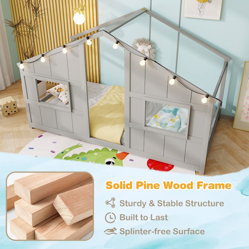 Twin Size Kids Floor Bed with LED Lights and Solid Wooden Montessori House Design