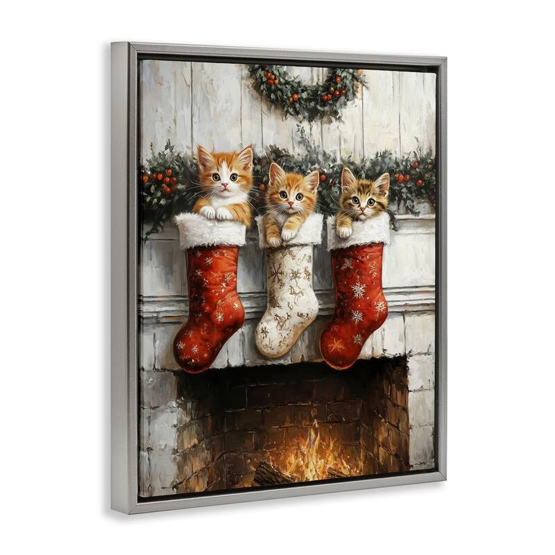 Stupell Christmas Kittens in Stockings Framed Floater Canvas Wall Art Design By Arlington Prints