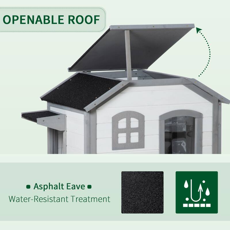 PawHut 2-story Cat House Outdoor, Weatherproof Wooden Cat Enclosure for Feral Cats with Escape Door, Openable Roof