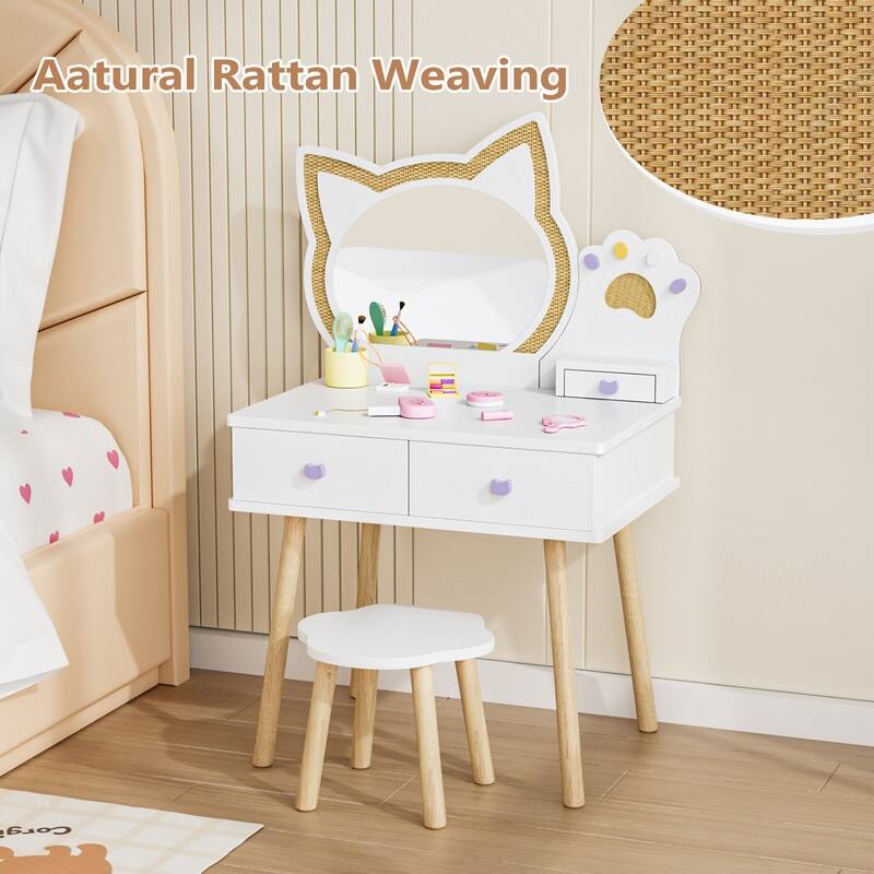 Kids Cat Mirror Vanity Makeup Dressing Table With 7 Pretend Play Accessories - N/A