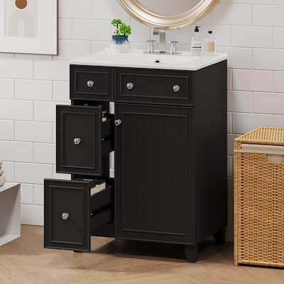 24-Inch Bathroom Vanity Cabinet with Ceramic Sink, 2 Drawers, 1 Door