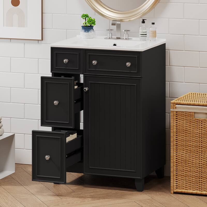 24-Inch Bathroom Vanity Cabinet with Ceramic Sink and 2 Drawers