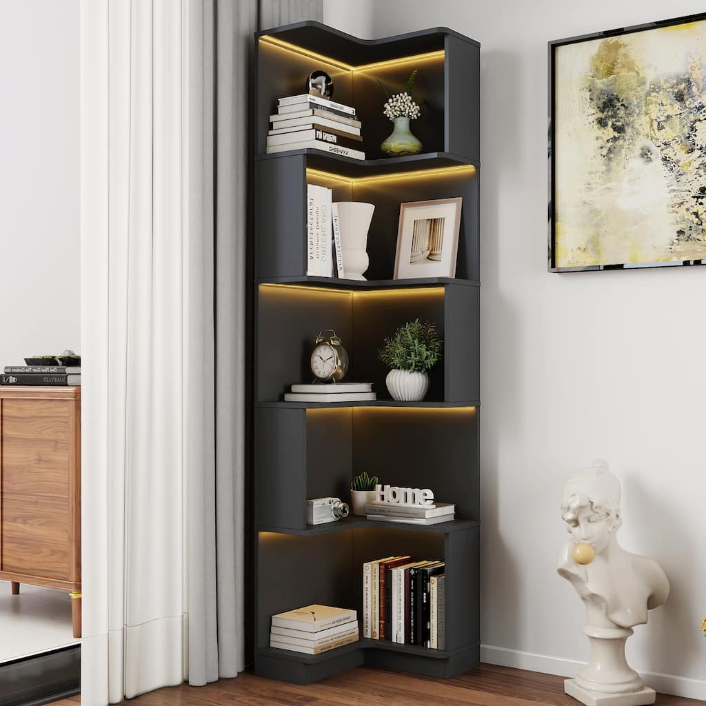 5-Tier Corner Bookshelf with Baffle & LED Lights, L-Shaped Freestanding Display Shelf for Home Office