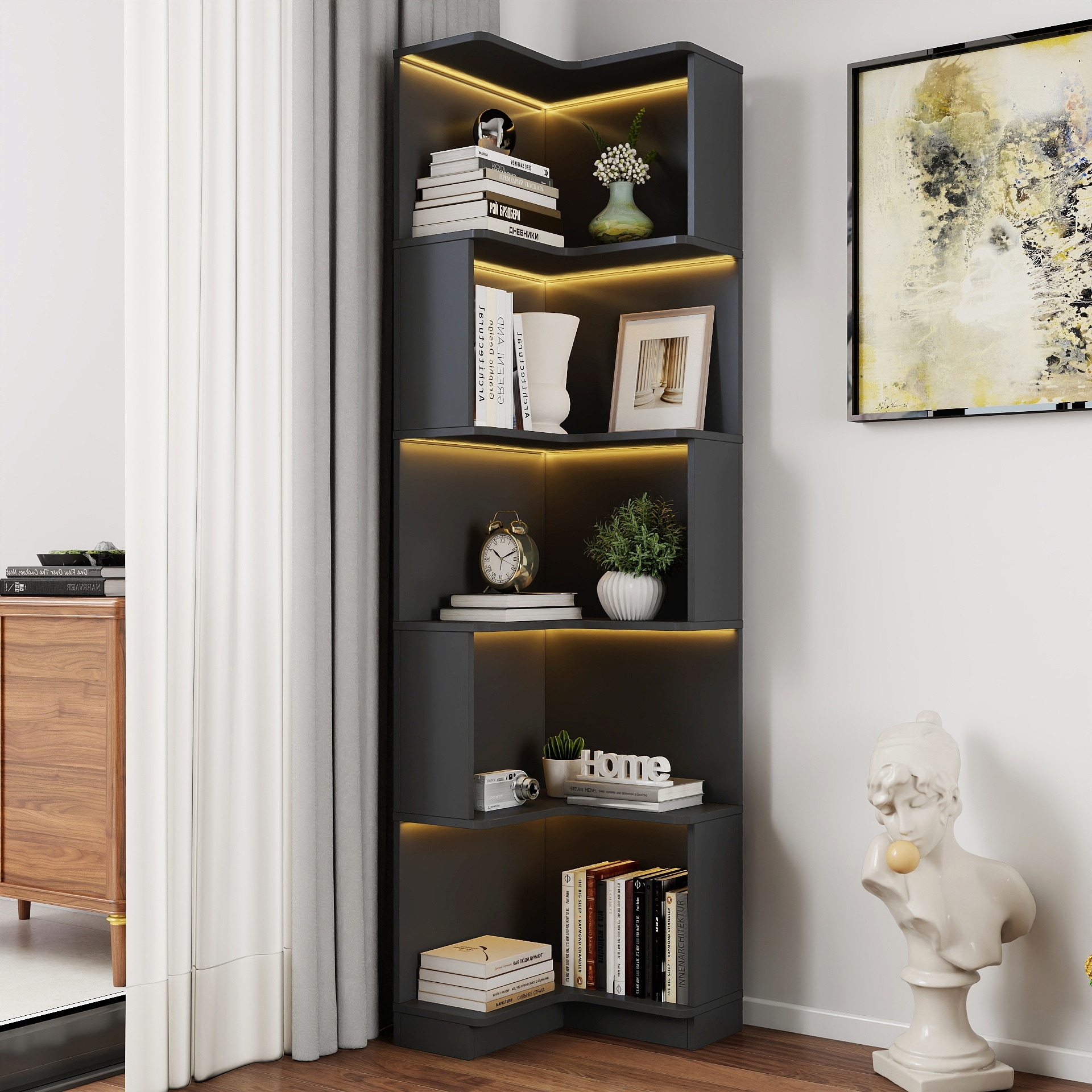 Corner Book Shelf - 5 Tier Corner Bookshelf Bookcase with Baffle, Freestanding L Shaped Display Shelf Stand with LED Lights