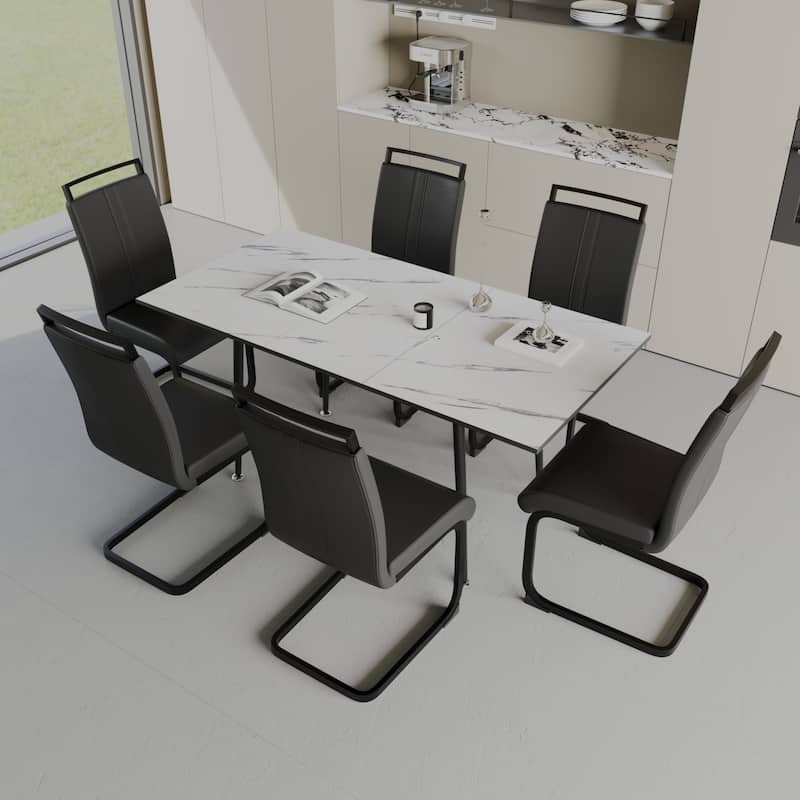 Modern Dining Set with Rectangular Extendable Table & High Back C-shaped Tube Chairs