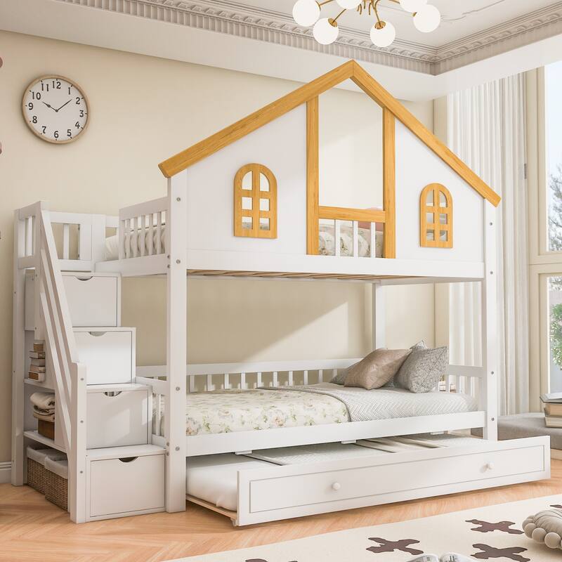 Fairytale Bunk Bed with Window Door House-shaped Roof Frame and Storage Staircase, Optional with Storage Drawers or Trundle Bed