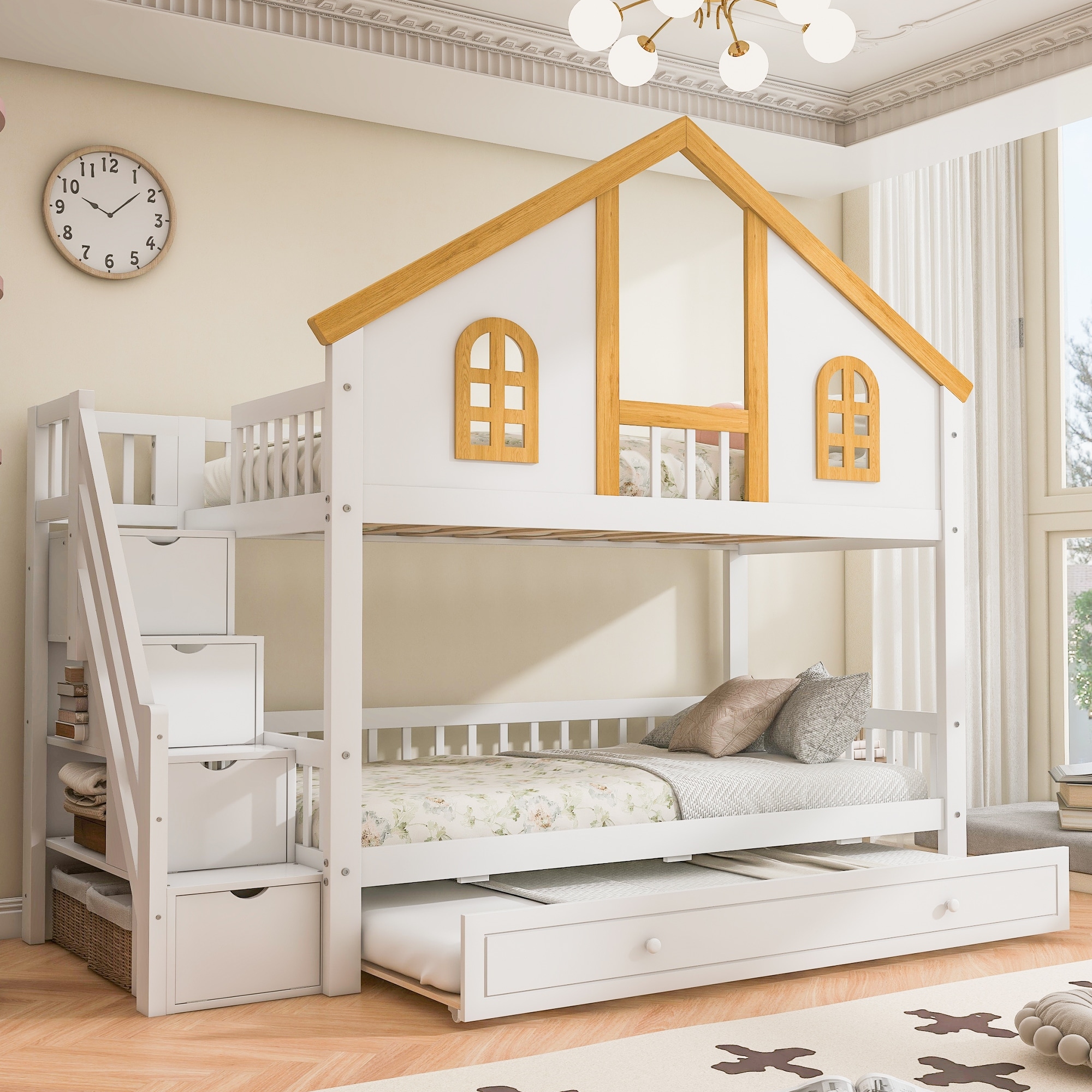 Roomfitters Twin Over Twin/Full Over Full House Bunk Bed with Trundle, Storage Staircase and Roof, White and Natural