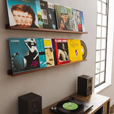 Walnut Picture Ledge, Vinyl Display Shelf, Wood Floating Shelf (Set of 2)