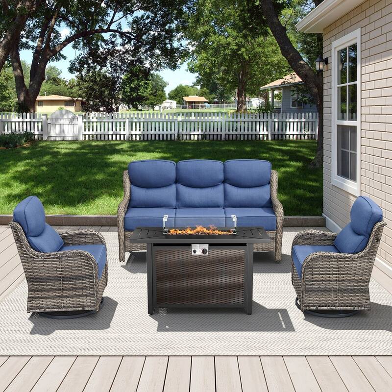 Arcadia 4-Piece PE Wicker Patio Seating Set with Durable All-Iron Fire Pit and 6-Inch Cushions