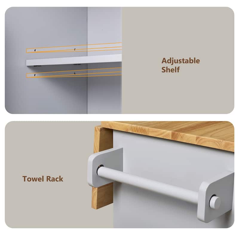 Rolling Kitchen Island w/ Rubber Wood Top, Adjustable Shelf Tower Rack