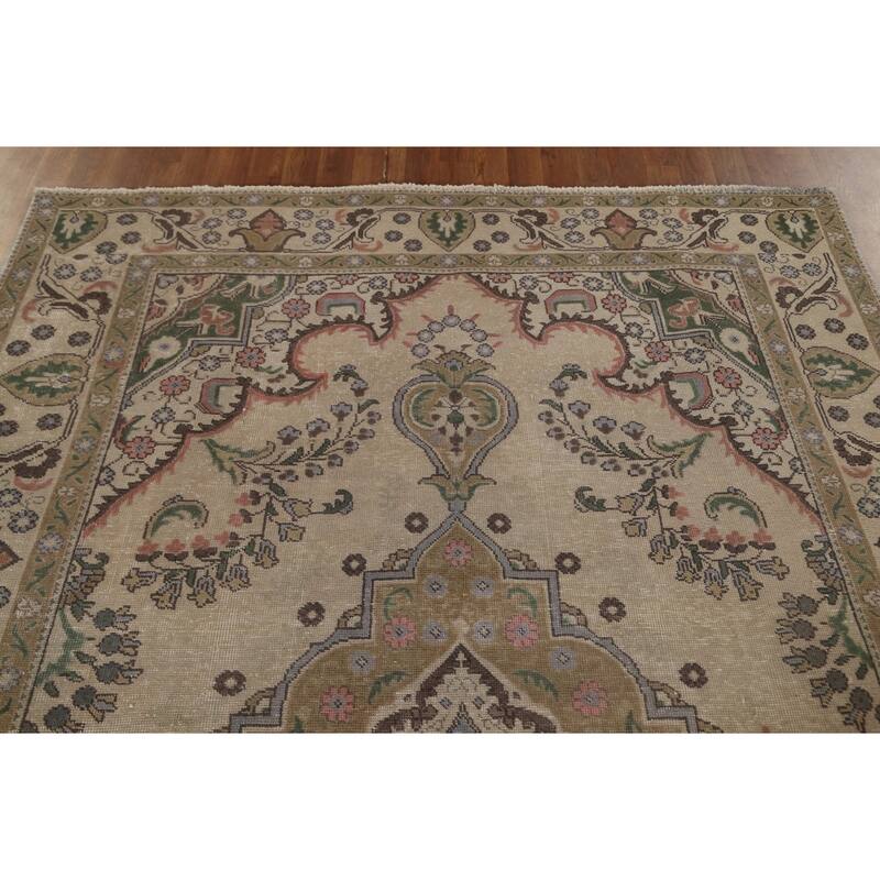Beige Tabriz Persian Vintage Area Rug Handmade Wool Carpet - 6'3"x 9'7"