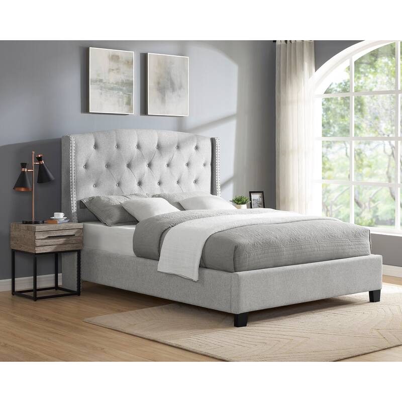 Queen Size Upholstered Panel Bed with Button Tufted Headboard, Dove Gray, Wood Fabric