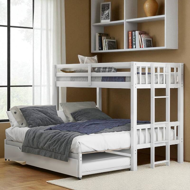 Twin Over Twin Pull-Out Bunk Bed with Trundle, Convertible 4 Beds, Solid Wood Frame with Guardrails and Ladder - White - Twin