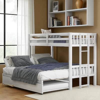 Twin Over Twin Pull-Out Bunk Bed with Trundle, Convertible 4 Beds, Solid Wood Frame with Guardrails and Ladder