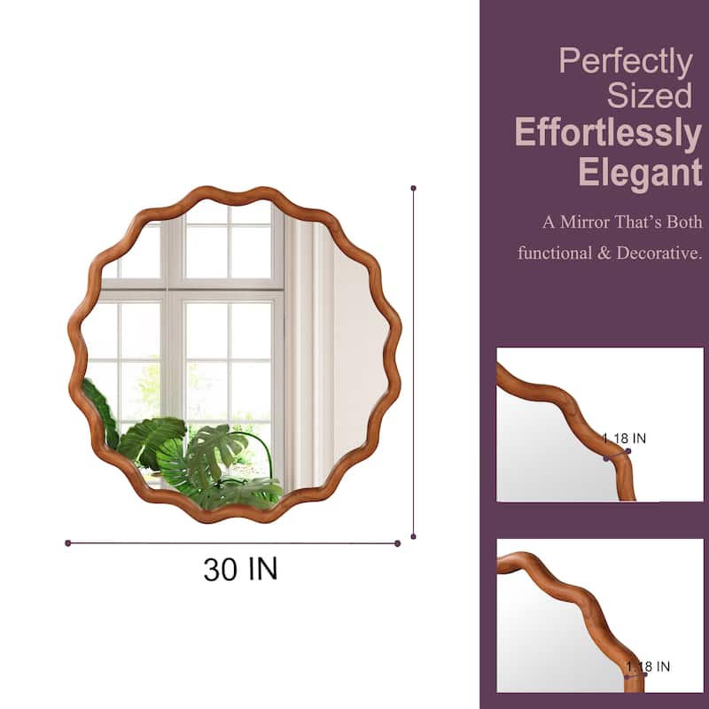 Wavy Round Solid Wood Frame Decorative Mirror Modern Farmhouse Wall Mirror For Bedroom Bathroom Living Room Entryway