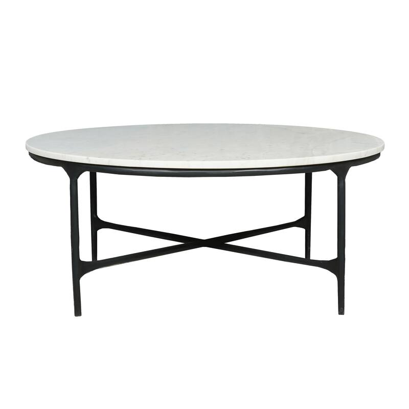 HomeRoots 55" White and Black Genuine Marble and Iron Round Cross Legs Coffee Table - 55.00 in. x 19.00 in. x 55.00 in.