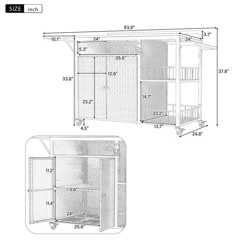 Roomfitters 63.5" Outdoor Kitchen Island Grill Cart with Foldable Side Tabletop and Ample Storage, Dark Brown