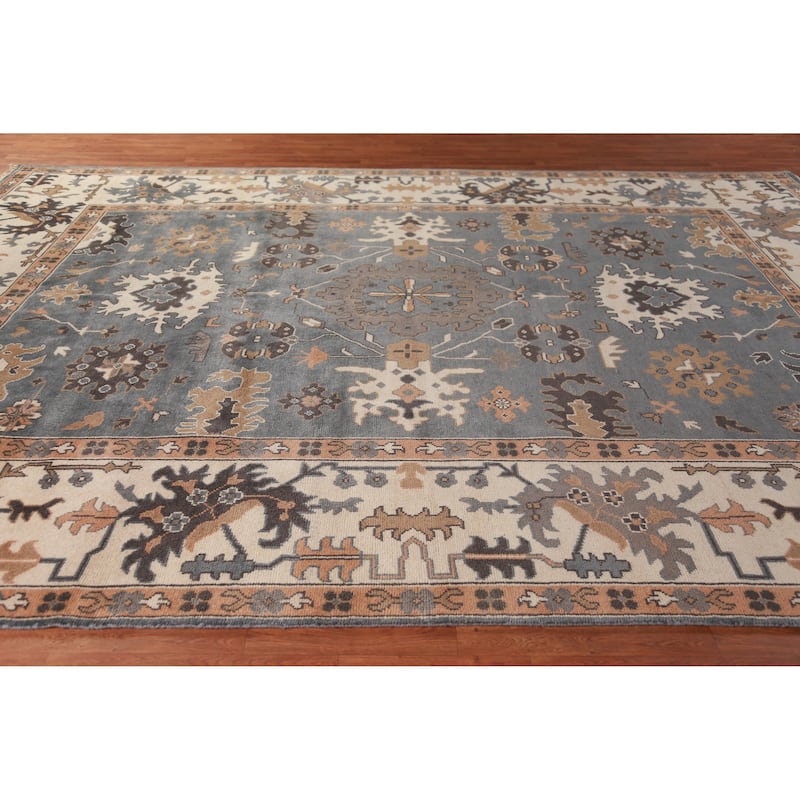 Gray Ivory Oushak Indian Large Rug Hand-Knotted Wool Carpet - 10'2" x 13'11"
