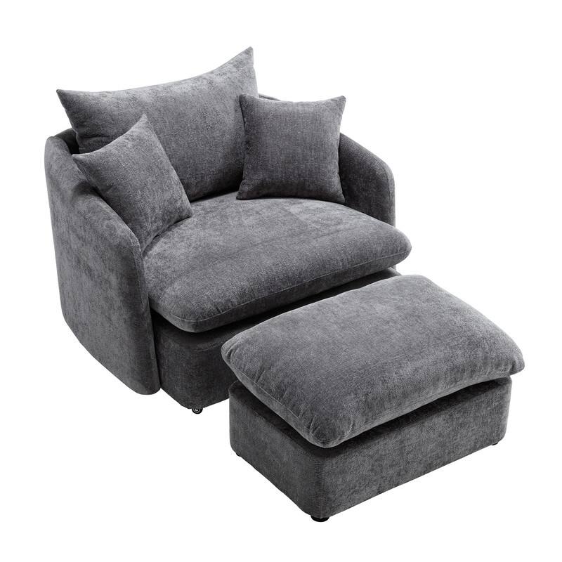 46" Chenille Upholstered Oversized Swivel Armchair With Ottoman