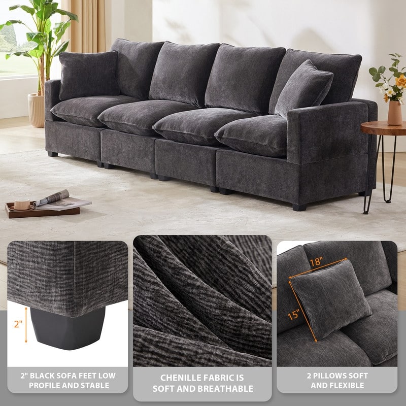110" Modern Chenille Sofa,4 Seater Sectional Couch with 2 Pillows Included