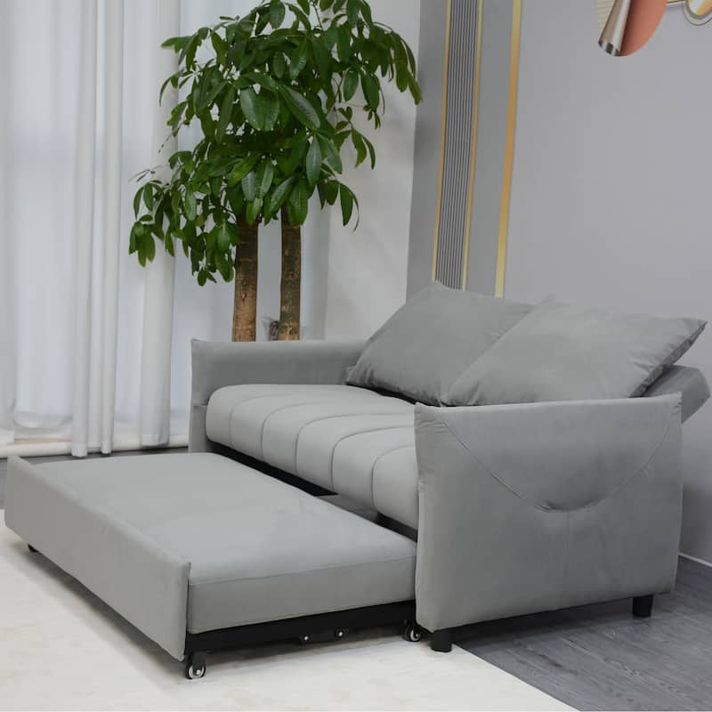 Convertible Sleeper Loveseat Sofa Bed, Adjustable Back, Velvet Fabric, Light Gray