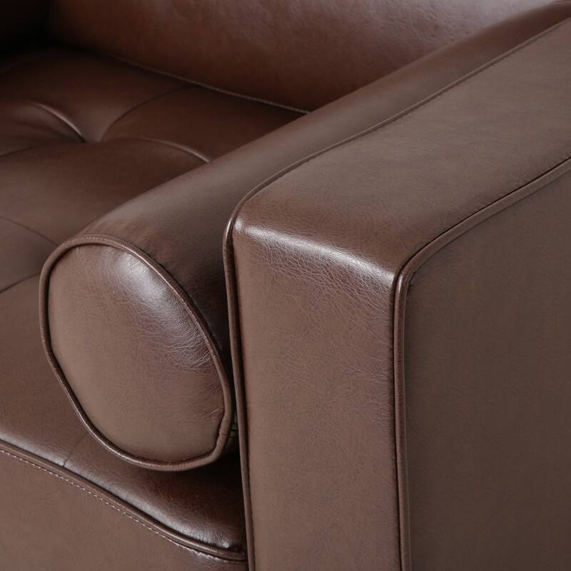 Roomfitters Faux Leather Club Chair with Tufted Seat, Bolster Pillows and Modern Wood Legs for Living Rooms, Dark Brown