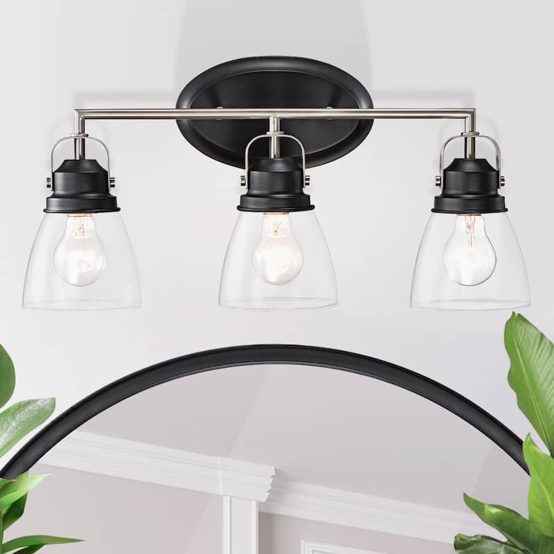 Black and Brushed Nickel Superior 3-Light Vanity Lights with Clear Glass Shades