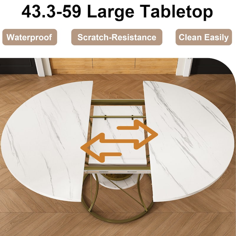 43 to 59 Inch Extendable Round Dining Table for 4-6 - Farmhouse Kitchen Table with Storage Shelf & Metal Base