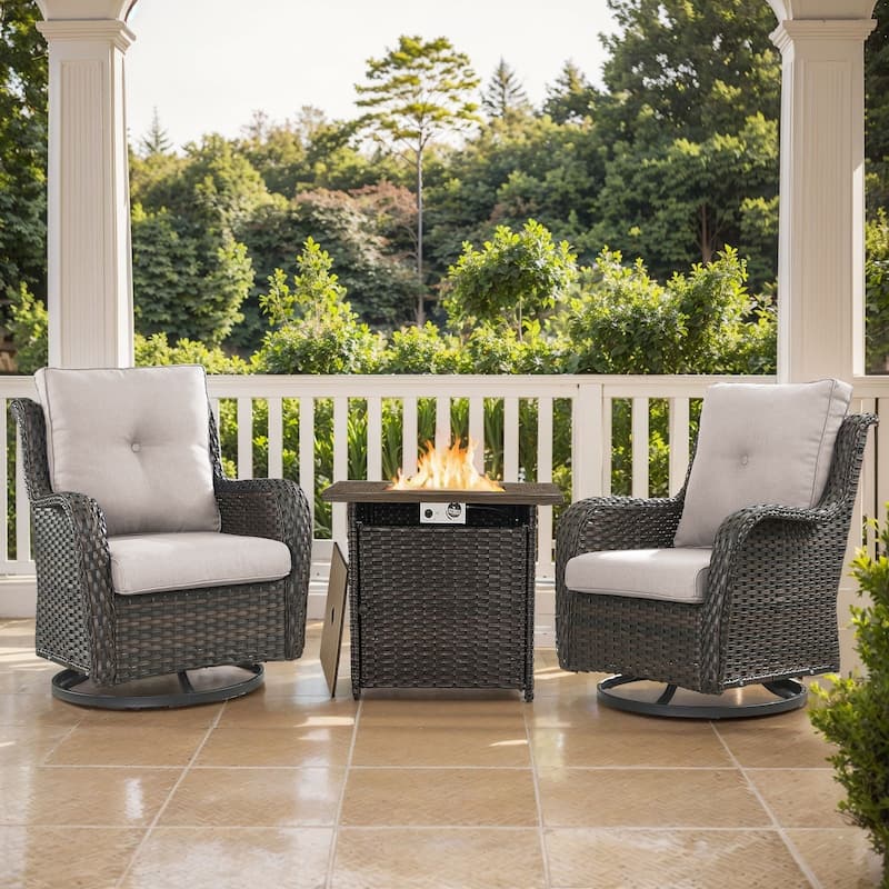 Pocassy Fire Pit Table with Sofa Swivel Chairs Set - Brown Wicker Beige Cushion - 3 Pieces Swivel Chair with Fire Table