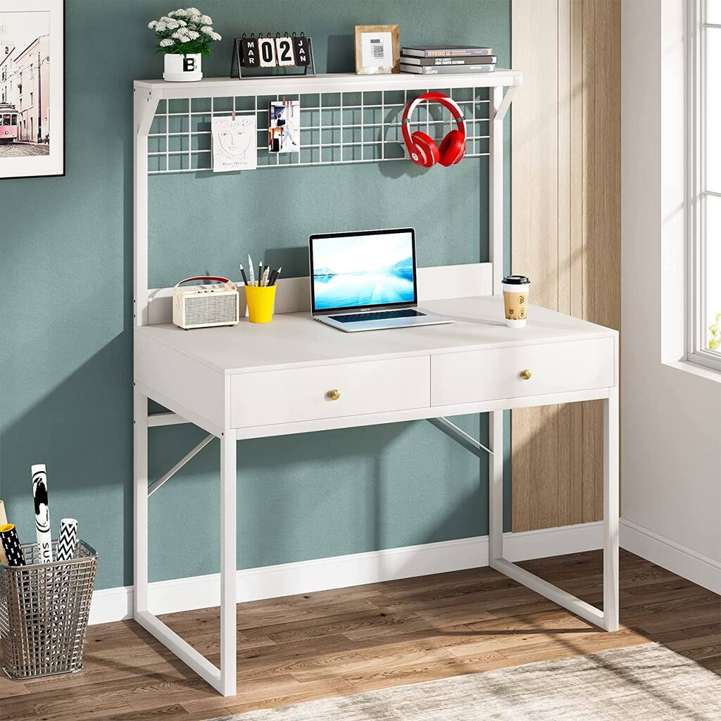 Computer Desk with 2 Drawers, Metal Desk with Hutch