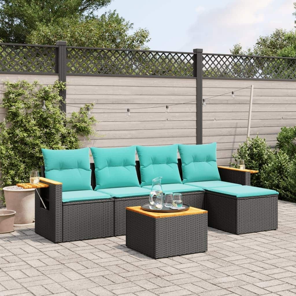 vidaXL 6 Piece Patio Sofa Set with Cushions Black Poly Rattan (US only) - 21.7 x 21.7 x 14.6