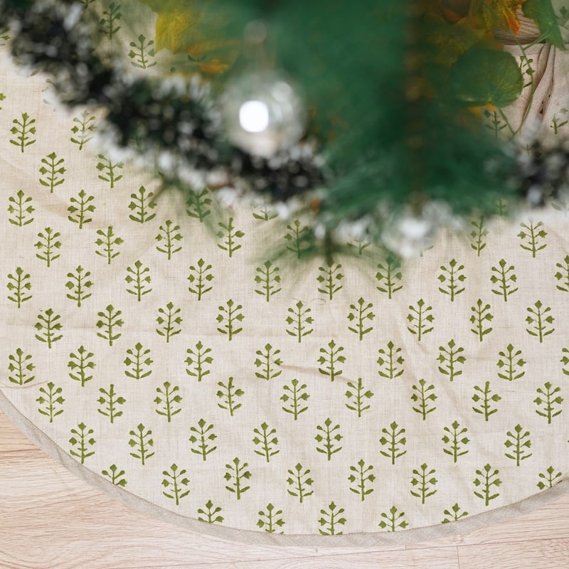 Fabdivine Hand Block Floral Soft Pure Linen Fabric Home Décor Christmas Tree Skrit