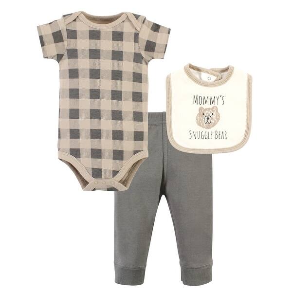 slide 1 of 1, Hudson Baby Cotton Bodysuit, Pant and Bib Set, Snuggle Bear 0-3 Months - Snuggle Bear