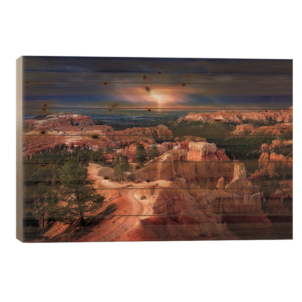 Lightning over Bryce Canyon Print On Wood by Stefan Mitterwallner - Multi-Color