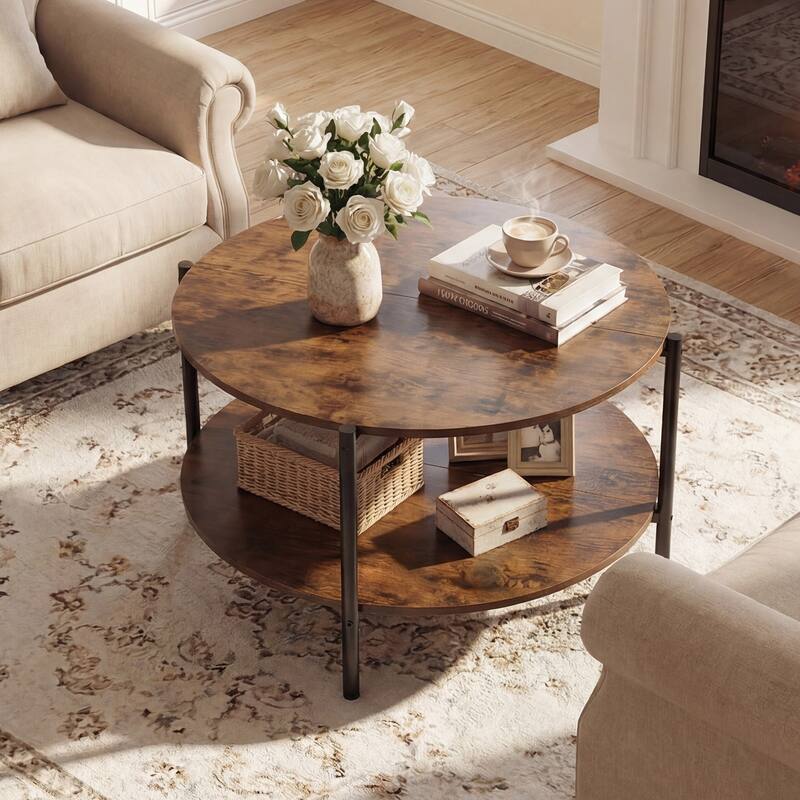 Gymax Round Coffee Table w/Open Storage Shelf Circle Cocktail Table