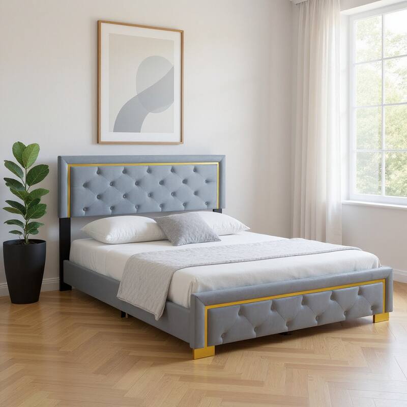 HomeRoots Gray Tufted Velvet Upholstered Queen Bed Frame - Queen