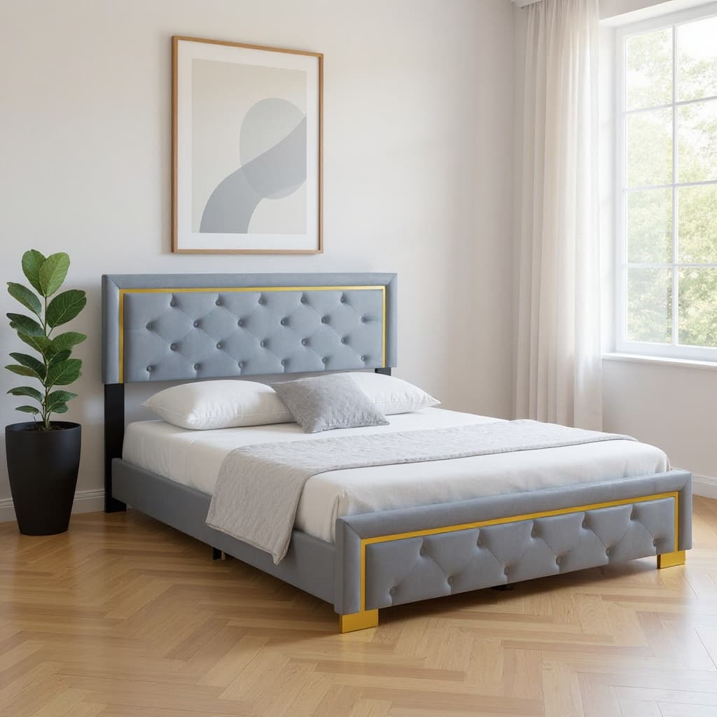HomeRoots Gray Tufted Velvet Upholstered Queen Bed Frame