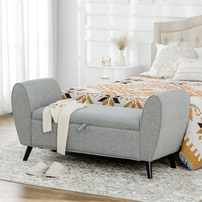 HOMCOM Modern Upholstered Storage Bench with Arms, Linen-Feel Fabric Ottoman Bench, Dark Grey