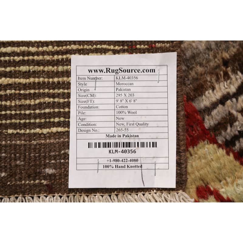 Geometric Moroccan Oriental Area Rug Hand-Knotted Brown Wool Carpet - 6'8" x 9'8"