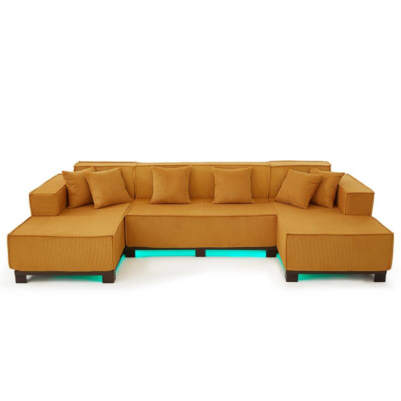 Roomfitters 130 Inch Modern U-Shaped Sectional Sofa with RGB LED Lights and 6 Pillows, Corduroy