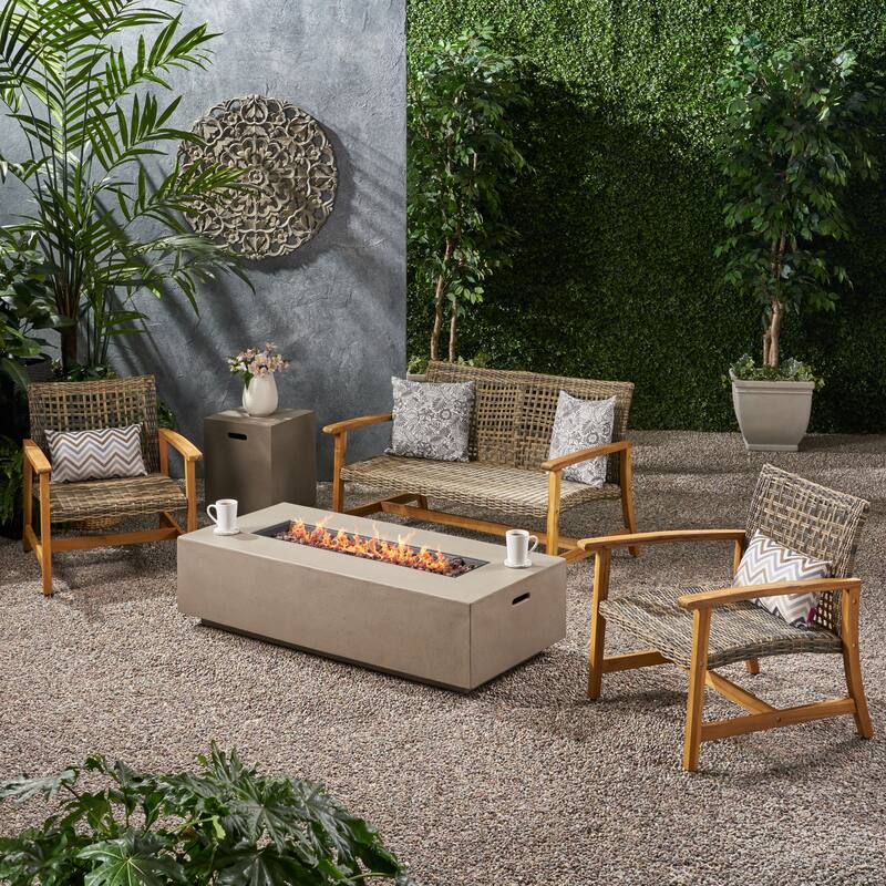 Augusta Outdoor Acacia Wood and Wicker 4 Seater Chat Set with Fire Pit by Christopher Knight Home