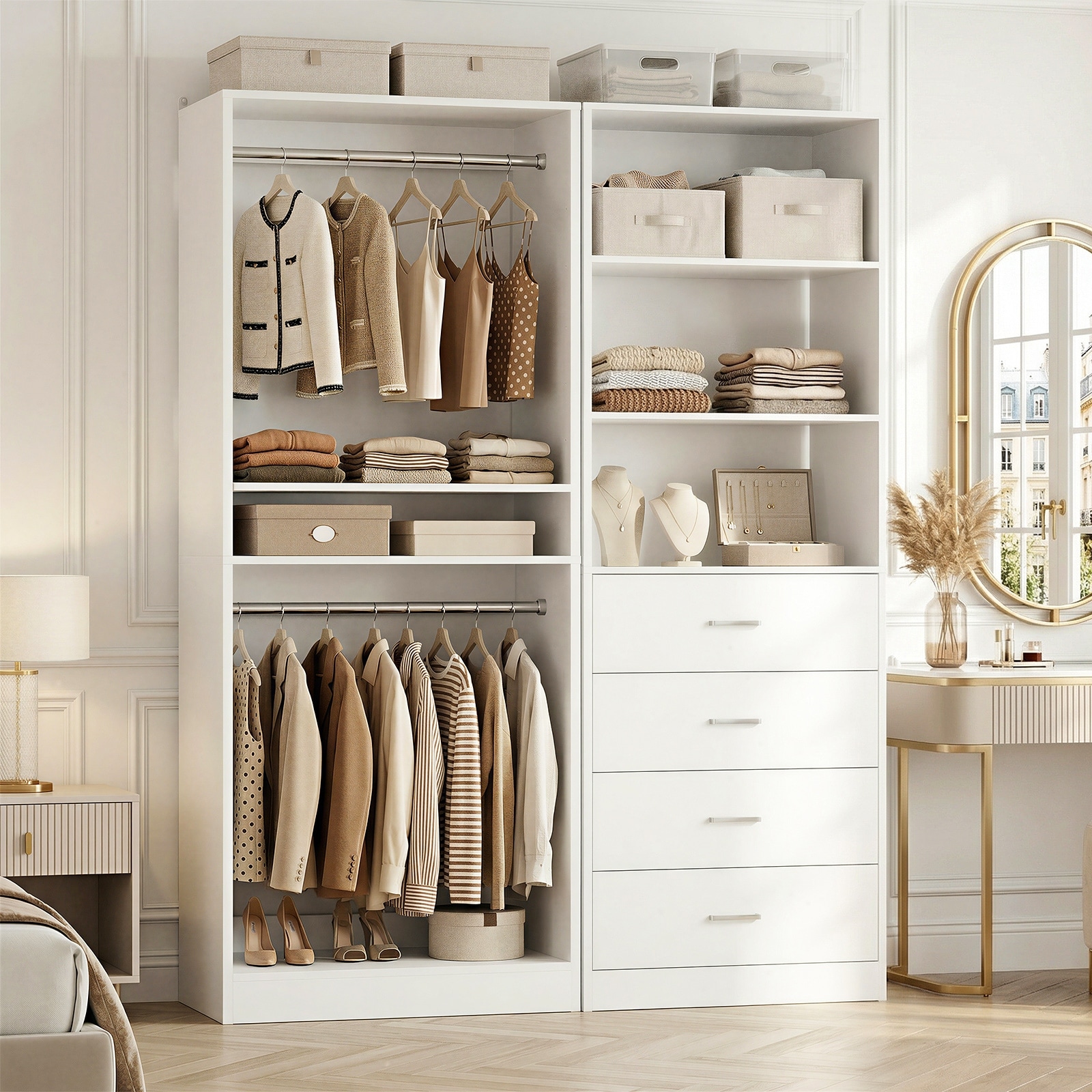 Closet System with Wood Drawers and Hanging Rods, Wardrobe Organizer with Adjustable Shelves