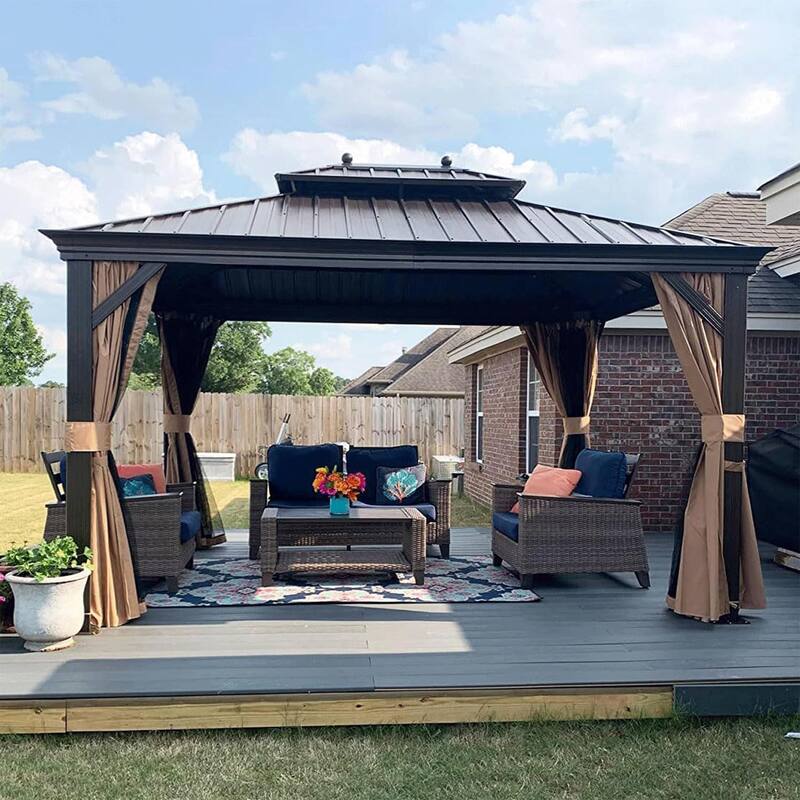 PURPLE LEAF Outdoor Gazebo Aluminum Frame Galvanized Steel Hardtop Gazebo with Bulbs