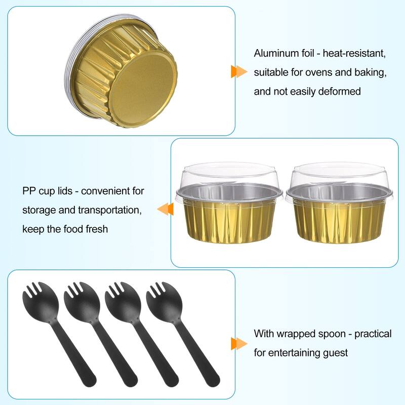50pcs Cupcake Liners 5oz Aluminum Foil Baking Cups with Lids Forks - Golden