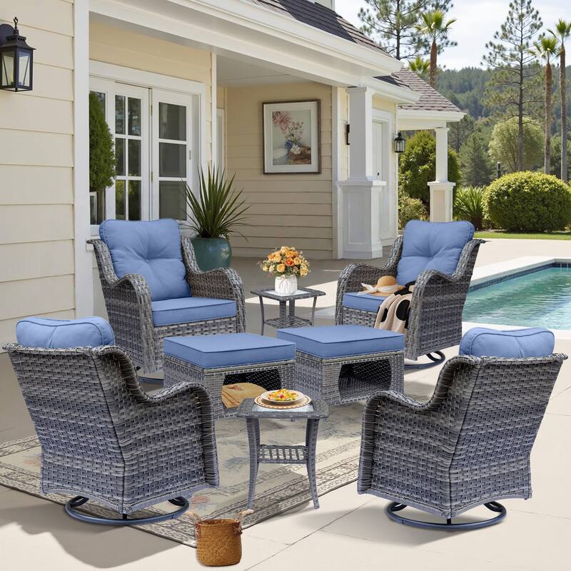 Gray Rattan Outdoor Patio Conversation Sets with Swivel Rocker Chairs - 8 Piece - Denim Blue