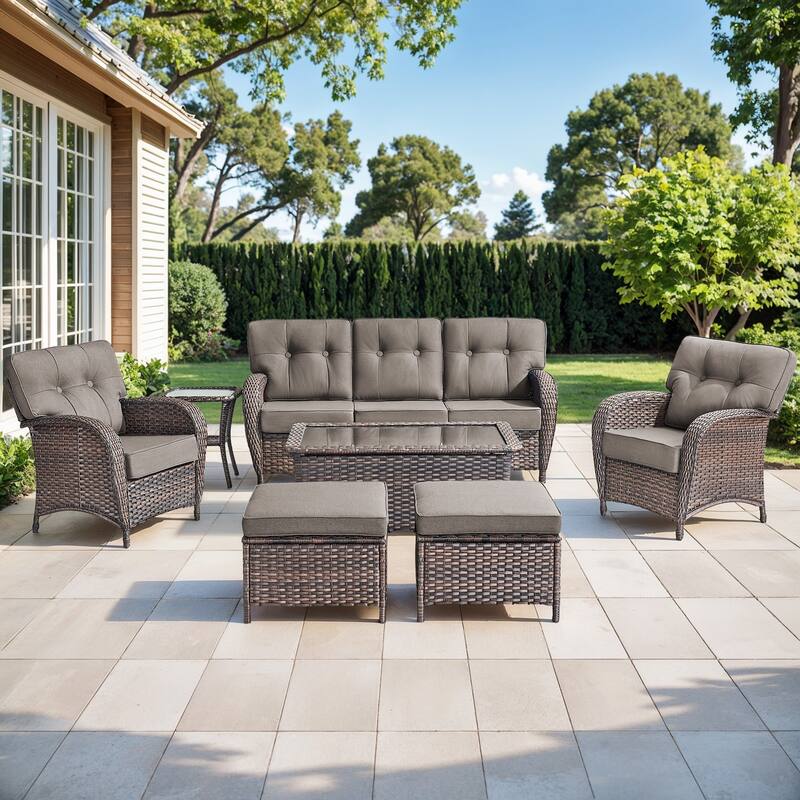 Gymojoy Outdoor Wicker Patio Furniture Set, 5" Thick Cushioned Rattan Conversation Set with Sofa & Chairs - Brown Wicker / Grey Cusion - 7-Piece