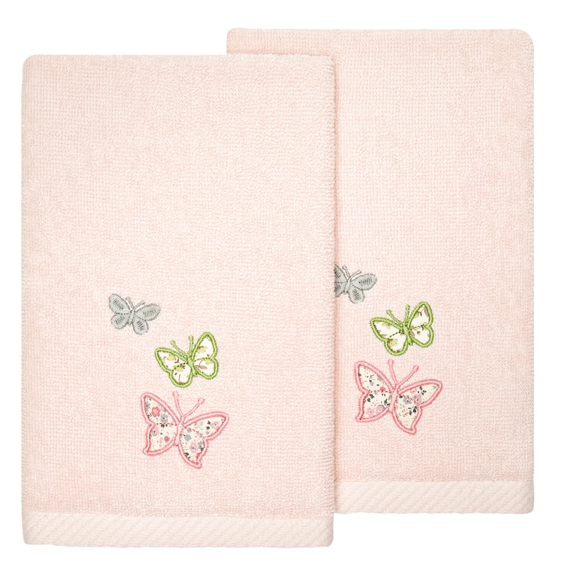 Authentic Hotel and Spa 100% Turkish Cotton Mariposa 2PC Embellished Fingertip Towel Set - Blush